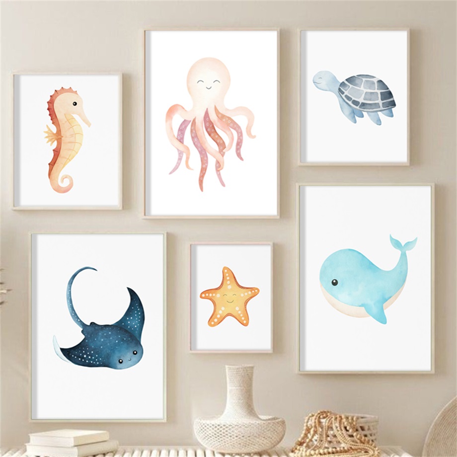 Baby Nursery Murals - لوحات مائية لحصان البحر والحوت والأخطبوط